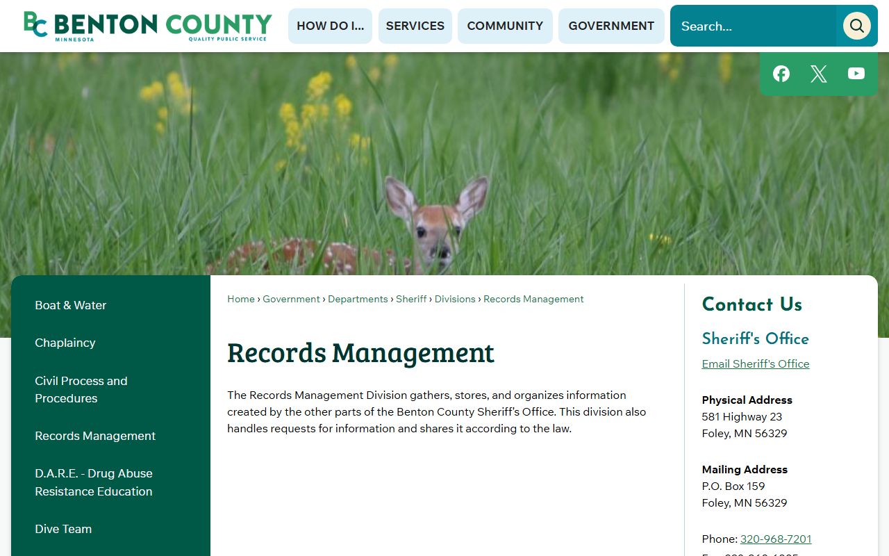 Benton County inmate records management page for sheriff records